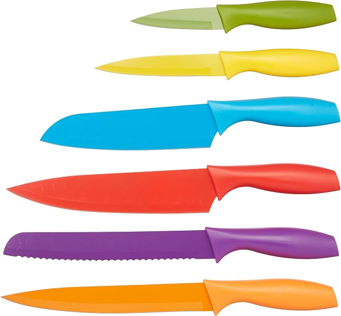 Amazon Basics Color-Coded Dishwasher Safe Kitchen Knife Set, 12-Piece with Ergonomic Handles, Non-stick Sharp Blades, 6 Knives with 6 Blade Guards, Multicolor, 13.88 x 4.13 x 1.38 inch