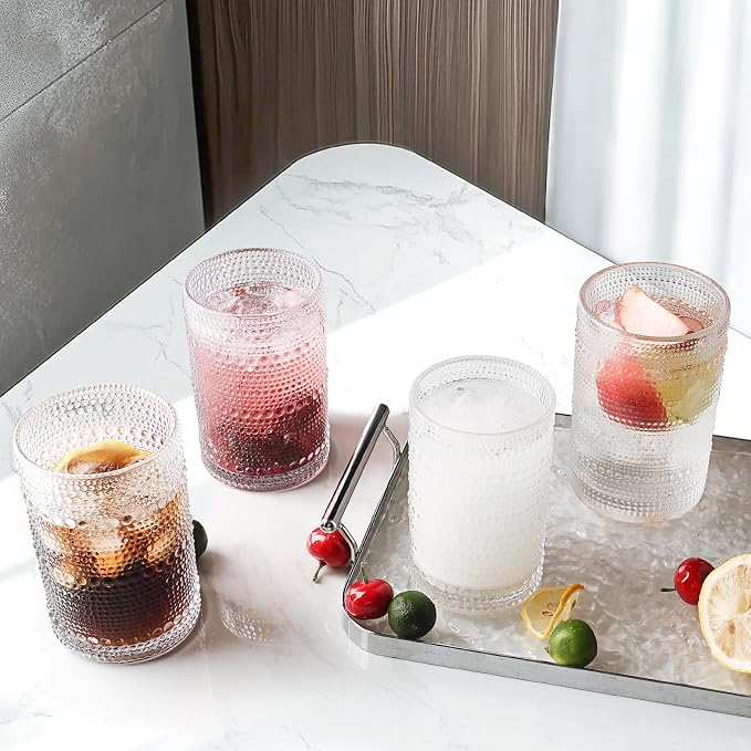 Hobnail Drinking Glasses Set of 6, 16 Oz Vintage Embossed Glass Cup Kitchen Glassware Water Tumblers for Cocktails, Beer, Juice, Whiskey