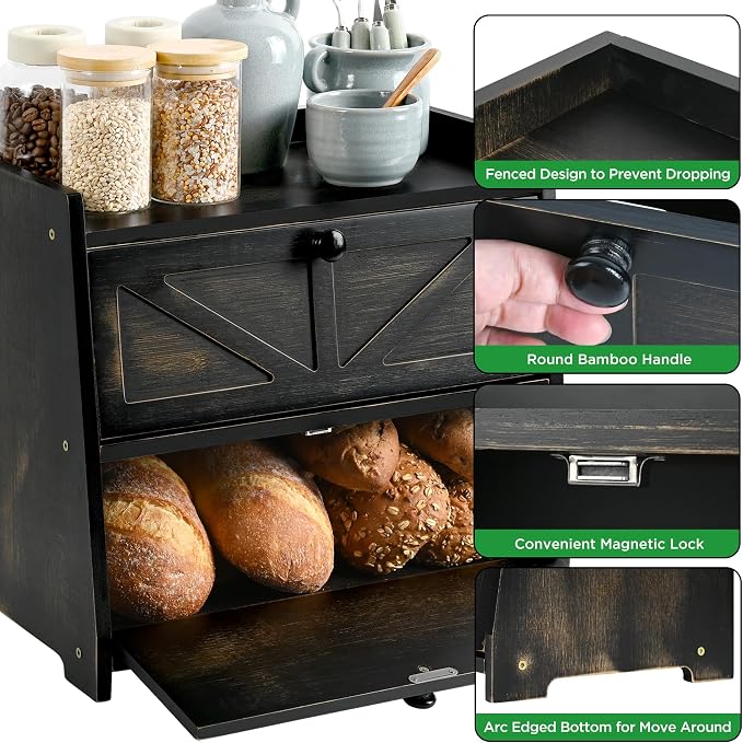 Bamboo Corner Bread Box for Kitchen Countertop 2-Tier Black | Farmhouse Bread Storage Container, Large Pantry Organizers for Homemade Snacks, Loaves, Breathable Keeps Bread Fresh