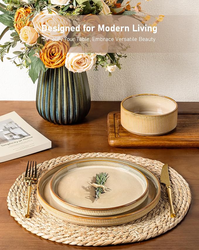 GBHOME Stoneware Dinnerware Sets for 6, 18-Piece Plates and Bowls Set | Handmade Reactive Glaze Ceramic Dish Set, Scratch Resistant, Dishwasher&Microwave Safe,Barley Latte