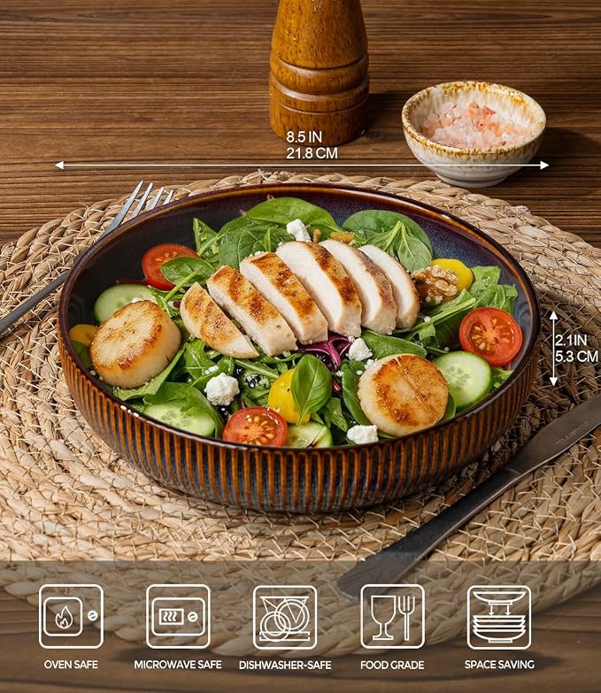 8.5" Ceramic Pasta Bowls Set of 4, Salad Bowls | Versatile Serving Bowls for Pasta, Salad, Fruit & Noodles, Housewarming & Wedding Gift, Cocoa Mocha