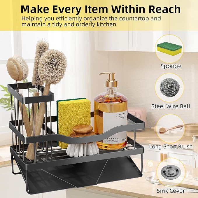Sponge Holder for Kitchen Sink, Mecyfaty Sink Caddy with Self Drain Tray, Kitchen Sink Organizer, Stainless Steel Countertop Sink Sponge Holder for Dish Soap Kitchen Organizers and Storage Accessories