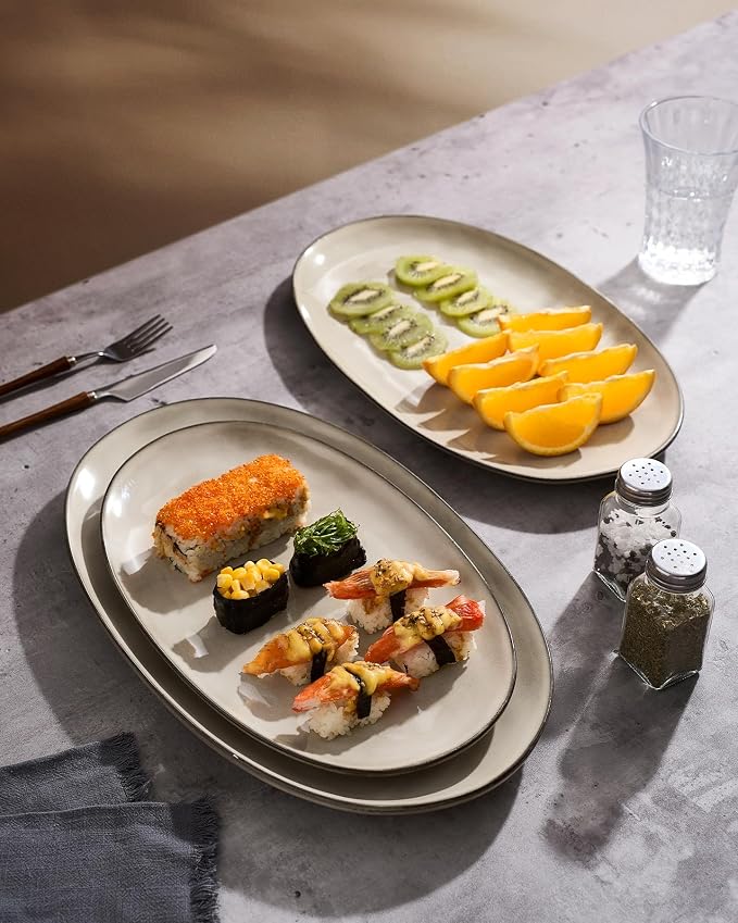famiware Serving Platters Set of 3 Sizes - Oval, Light khaki | 15.59"/14.3"/12.9" Fine Stoneware Serving Trays for Party, Entertaining for Food, Turkey, Cheese, Microwave Dishwasher Safe