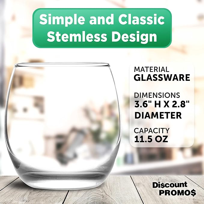 DISCOUNT PROMOS Mikonos Stemless Wine Glasses 11.5 oz. Set of 10, Bulk Pack - Restaurant Glassware, Perfect for Red Wine, White Wine, Cocktails - Clear Bottom Color