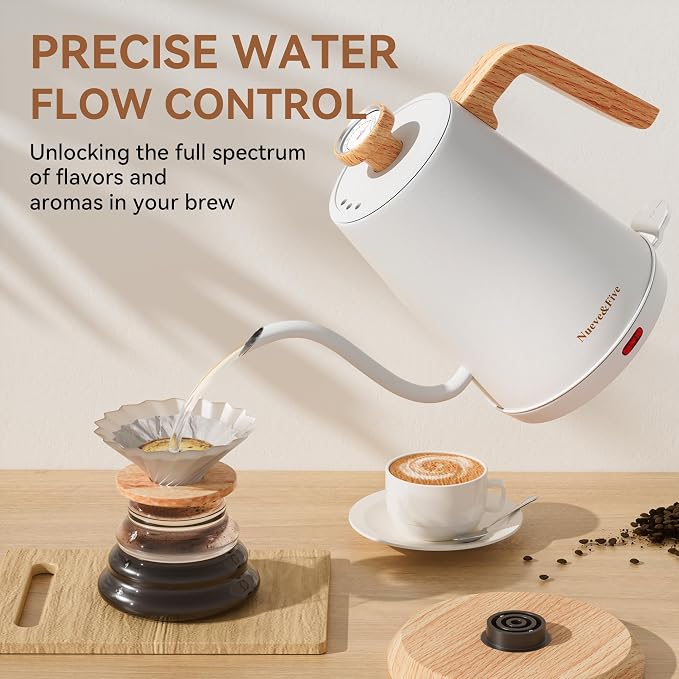Nueve&Five Electric Gooseneck Kettle with Thermometer, 1.0L Pour Over Hot Water Kettle for Coffee and Tea, 1000W, Auto Shutoff, Boil-Dry Protection, White