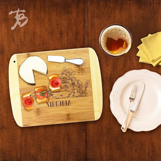 Totally Bamboo A Slice of Life Virginia Engraved Map Cutting Board | 11” x 8.75” charcuterie board with engraved state map artwork. Smooth reverse side for food prep. Hang tie for wall display.