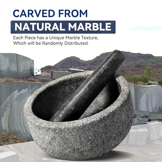 Granite Mortar and Pestle Set, 7"-4 Cups Unpolished Stone Grinder Bowl for Guacamole, Salsa, Pill Crusher, Spice, Herb, Garlic, Nut, Heavy Duty Grinder for Kitchen(Angola Silver Black)