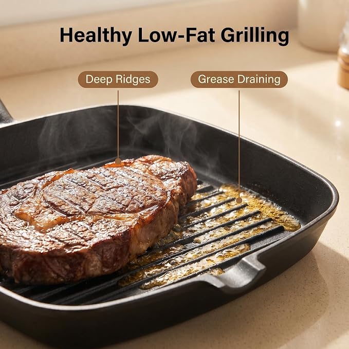 Cast Iron Grill Pan, 9 Inch Griddle Pan Skillet with Kitchen Tong & Brush