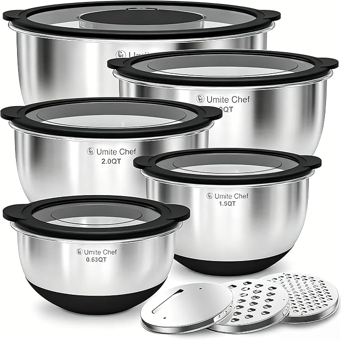 Mixing Bowls with Lids Set - Non-Slip, Airtight Warp-Proof TPR-AS Lids, Thicker Stainless Steel Bowls, Measurement Lines & 3 Graters, Prep Meal Bowl, Black Nesting Bowl for Kitchen, 5/3/2/1.5/0.63QT