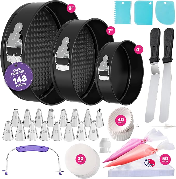 148PCs Cake Pan Set for Baking, 3 Non-Stick Springform Pan Set (4, 7, 9 Inches), Cake Decorating Kit, Piping Bags and Tips Set, Cake Leveler, Multi-functional Leak-Proof CheeseCake Pan (148)