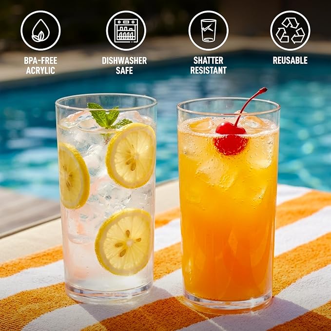 Zulay Kitchen Plastic Drinking Glasses (Set of 6) – 16oz Acrylic Shatterproof Water Cups for Home, Kitchen & Outdoors – Crystal Clear Glass Look – BPA & Lead-Free – Top-Rack Dishwasher Safe