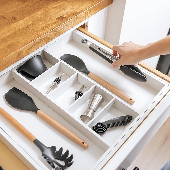 Utensil & Junk Drawer Organizer, 19-33 in, White Bamboo | Food-safe contract grade, 100% sustainable wood, non-slip, adjustable