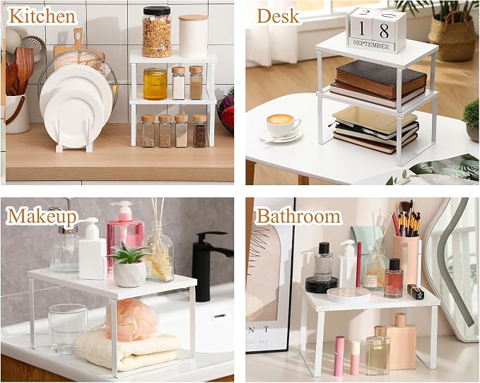 Marsui 4 Pcs Kitchen Organizer Accessories Set for Cabinet,White | Cabinet Organizer Shelves, Bamboo Dish Drying Plate Rack, Wooden Counter Storage Holder, for Spice Dish Pot Lid Bowl Cup