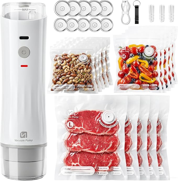 ShinePick Vacuum Sealer for Food, Powerful Handheld Food Saver Machine Compact Vacuum Sealer Machine with Visible Water Tank, 15 Reusable Sealer Bags & 10 Mason Lids, for Kitchen, Travel & Outdoor