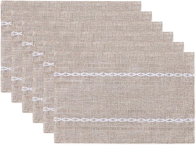 Wracra Cotton Linen Place Mats, Brown Embroidered Placemats Set of 6 | Placemats 12 x 18 Inch; Cotton Linen Woven Fabric; Heat Resistant Table Mats; Raised Embroidered Hollow Design