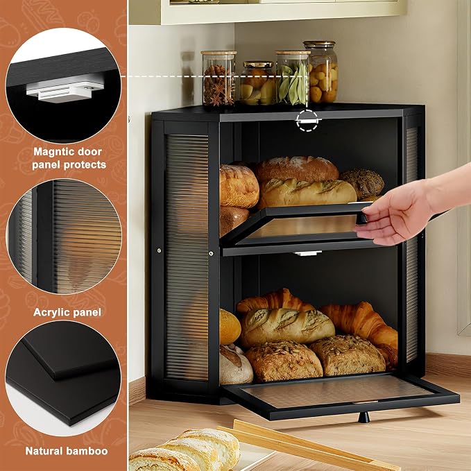 WOWLIVE Double Layer Corner Bread Box for Kitchen Countertop with 2 Doors | Bamboo Bread Storage Container, Large Farmhouse Breadbox with Acrylic Wavy Door, Under Cabinet Organizer, Black, Extra Large