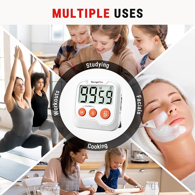 TempPro TM03 Digital Timer with 2 Alarm Volume & Strong Magnetic Back | Mini-Sized Kitchen Timers for Cooking, Digital Timer for kids & Teachers, Classroom Supplies, Exercise, Baking, Work, 2-Pack