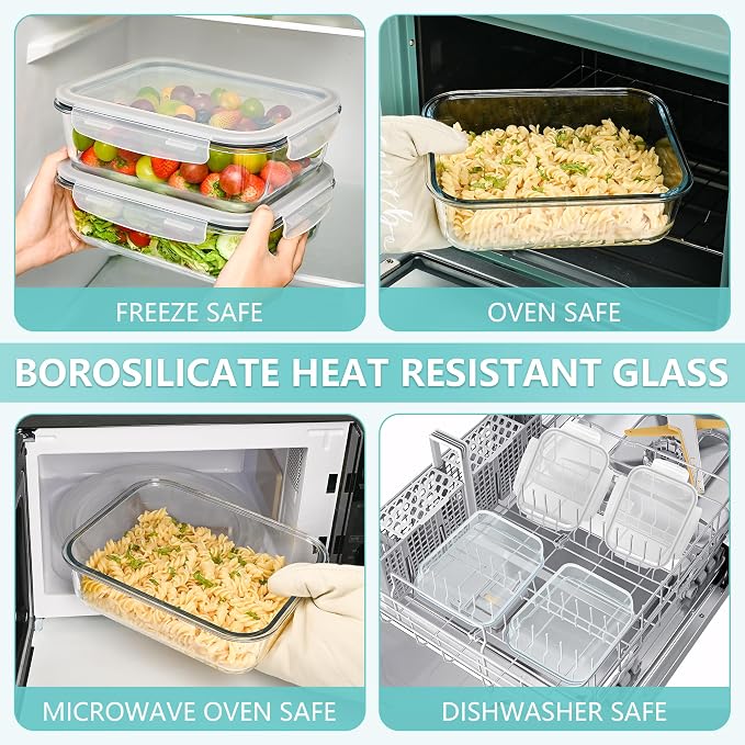 2 Pack 78 Oz / 9.8 Cups Large Glass Food Storage Containers with Lids, Meal Prep Containers for Baking, Serving, Glass Storage Container, BPA Free, Leakproof, Freezer, Microwave/Oven Safe