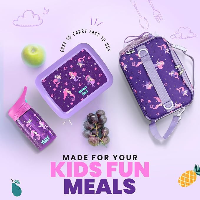 YOLAY Bento Box for Kids, 5-Compartment, Mermaid | Leak-proof, rubber-coated edges, Removable inner tray, Microwave safe, Dishwasher safe