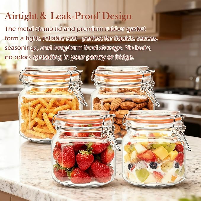 25 oz Glass Jars With Lids, 6 Pack Airtight Pickling Jars | Leak Proof Rubber Gasket, Wide Mouth Food Storage Jars for Kitchen, Pickles, Jam, Overnight Oats, Snacks