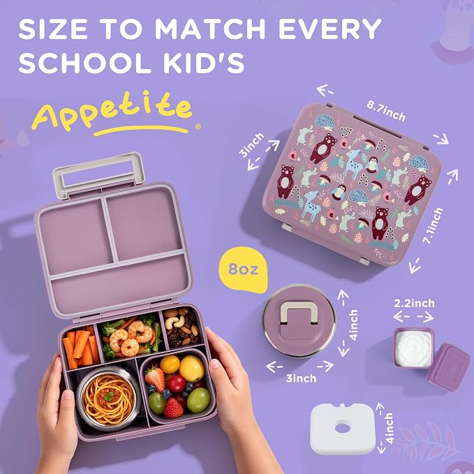 Kids Lunch Bento Box with 8oz Thermo/Ice Pack, BPA-Free, for School | Leak-proof Food Containers with 5 Compartment, Insulated Food Jar, Dishwasher Safe, Easy to Clean, Lunch Box for Girls Boys