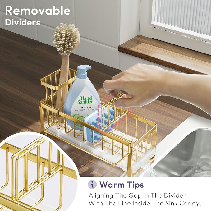 SWTYMIKI Sponge Holder for Kitchen Sink - Sink Caddy with Brush Holder Self-draining Sponge Caddy Organizer with Divider Stainless Steel Kitchen Accessories Storage for Countertop, Gold