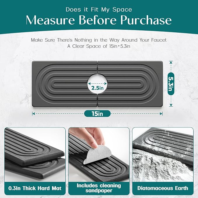 Faucet Mat for Kitchen Sink - Wider Diatomite Fast Drying Stone Sink Tray, Super Absorbent, Prevents Moisture Buildup - Faucet Splash Guard for Bathroom Counter (Dark Grey, 15x5.3inch)