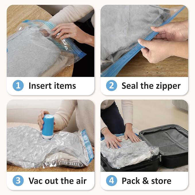 Cozy Essential Travel Vacuum Storage Bags with Rechargeable Cordless USB Pump, Space Saver Bags for Luggage, Suitcase, Carry-On, for Clothes, Blankets, Bedding & Seasonal Storage,12 Combo