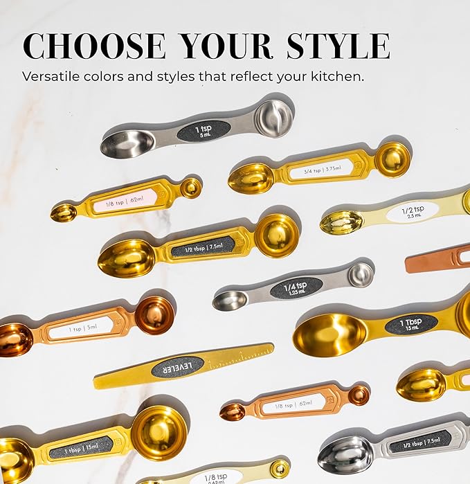Styled Settings White and Gold Magnetic Measuring Spoons, 8-Piece | Stainless Steel Double Sided Measuring Spoons for Cooking and Baking - White and Gold Kitchen Accessories, Ideal for Gifting