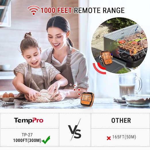 TempPro TempSync 1000FT Wireless Meat Thermometer for Grill with 4 Probes | RF Technology, Alarms, Large Digital Backlit Display, Stainless Steel Probe, Smoker, BBQ, Grill Cooking Gift