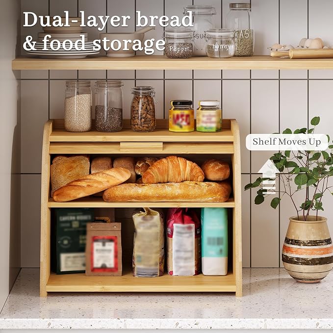Kitsanery Bread Box for Kitchen Countertop, Bamboo Bread Storage, Double-Layer Roll-Top Bread Container, Farmhouse Bread Holder for Homemade Bread (Natural, double layer)