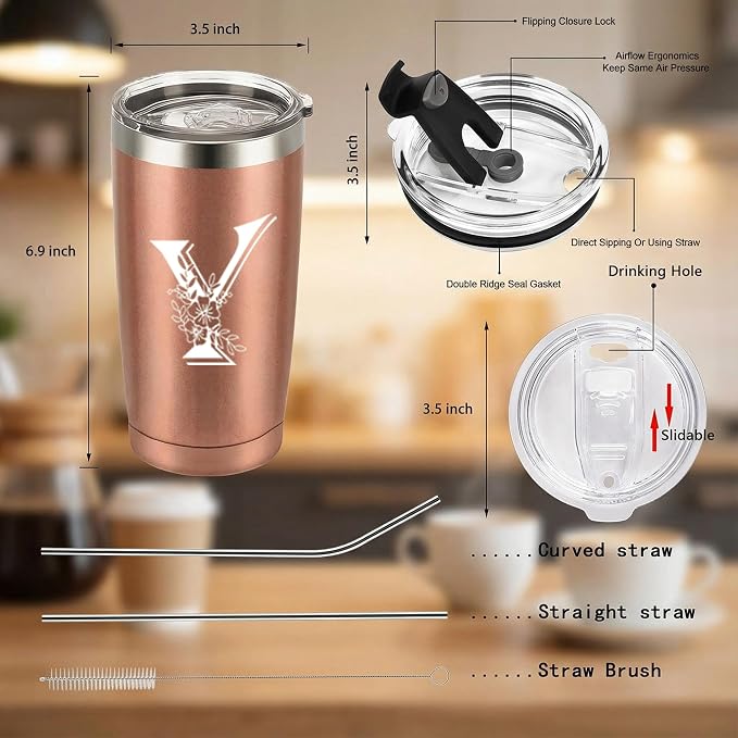 Letter Y Insulated Travel Cup with Lid, Personalized Initial Mugs for Women, Letter Y Gift Coffee Mugs for Women, Wife, Mom, Grandma, Bridal Shower Gifts, 20 OZ Rose Gold Two Lids