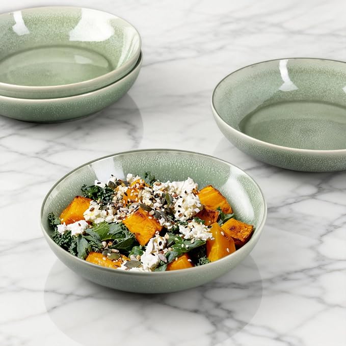 AmorArc 8.5’’ Ceramic Pasta Bowls Set of 4, 36oz Large Stoneware Bowls Set | Large Dinner Serving Bowls Set, Wide Bowl Plate for Pasta,Salad, Soup, Microwave Safe, Reactive Glaze-Olive Green