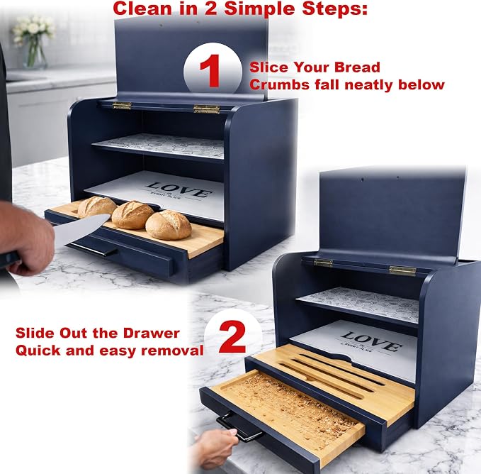 KNIFEPLANET Premium FULLY ASSEMBLED Modern Blue Bread Box – Extra Large Real Wood Bread Box for Kitchen Countertop Storage, Thick Durable Construction, Double Layer Design (17.5" x 10" x 12")