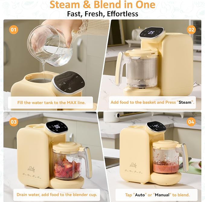 Chefhandy Baby Food Maker, One-Step Steamer & Blender, Yellow | Stainless steel basket, BPA-free food-contact parts, Adjustable texture, Homemade baby meals, 6 food pouches, Recipe guide