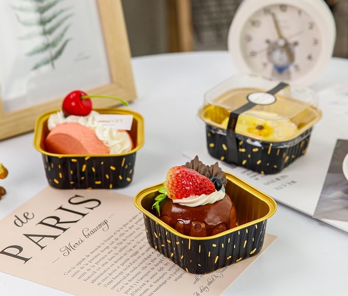 NPLUX Square Foil Cups with Lids, 50 Pack Black Gold 5oz for Bakery Gifts | Use for cake slices, loaf cuts, tiramisu and truffle layers; topping visibility supports counter display.