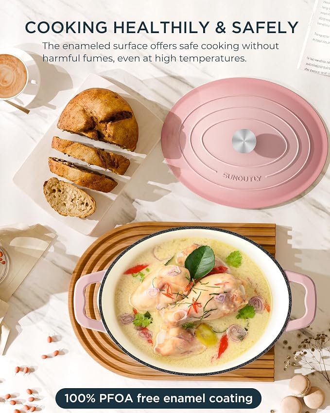 Enameled Cast Iron Dutch Oven - 9.3QT Dutch Oven Pot with Lid & Cotton Potholders - Heavy-Duty Non Stick Casserole Pot for Braising, Stews, Roasting, Baking, Suitable for All Stovetops, Gentle Pink