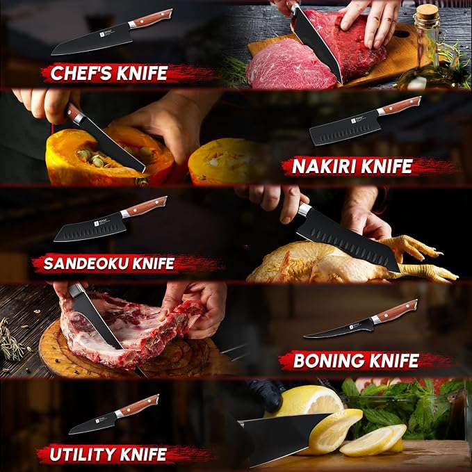 TIVOLI Chef Knife Set, Professional 5PC Ultra Sharp Knife Set | German High Carbon Stainless Steel, Full Tang Ergonomic Wood Handle, Gift Box, Stain Resistant & Easy to Clean, for Cooking