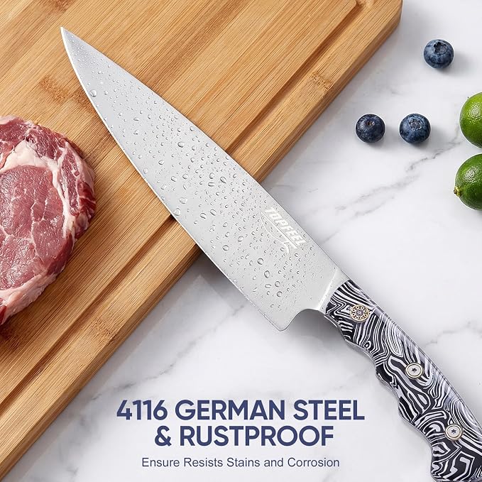 Topfeel 3-Piece Kitchen Knife Set, 5Cr15MoV High Carbon Stainless Steel | Includes 8-inch chef knife, 8-inch meat cleaver and 5-inch utility knife with full-tang acrylic handles and gift box