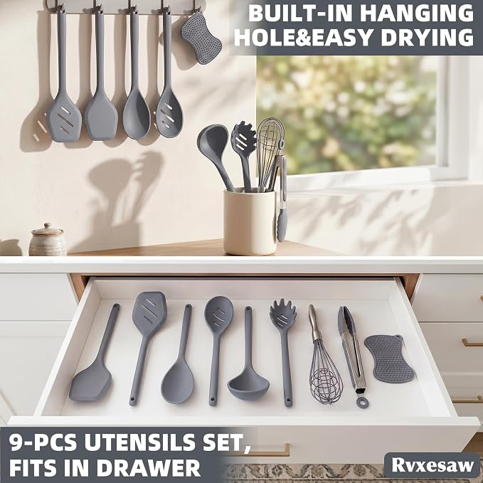Kitchen Utensils Set,9 PCS Silicone Cooking Utensils Set Spatula Set,Tongs,Spoon,Whisk,Brush,Dishwasher Safe Kitchen Gadgets for Non-Stick Cookware,Home Essential，Kitchen Appliances Tool(Gray)