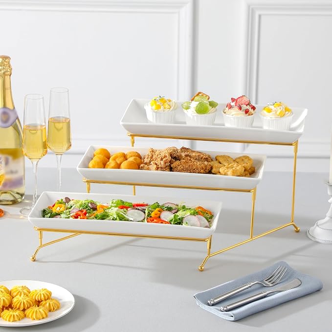 MALACASA 3 Tier Serving Trays for Party, 14 Inch Porcelain White Trays for Serving Food, Dessert Stand with Collapsible Gold Metal Rack | Tiered Serving Stand for Party, Fruit Tray, Trays for Serving Food, Dessert Stand with Collapsible Sturdier Gold M...