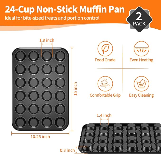 TeamFar 2 Pack Mini Muffin Pan, 24-Cup Non-Stick Cupcake Tray for Baking | Carbon Steel Small Cup Cake Tin Bakeware for Bite-Sized Cheesecake Tart Quich, Even Baking & Effortless Release & Easy Clean