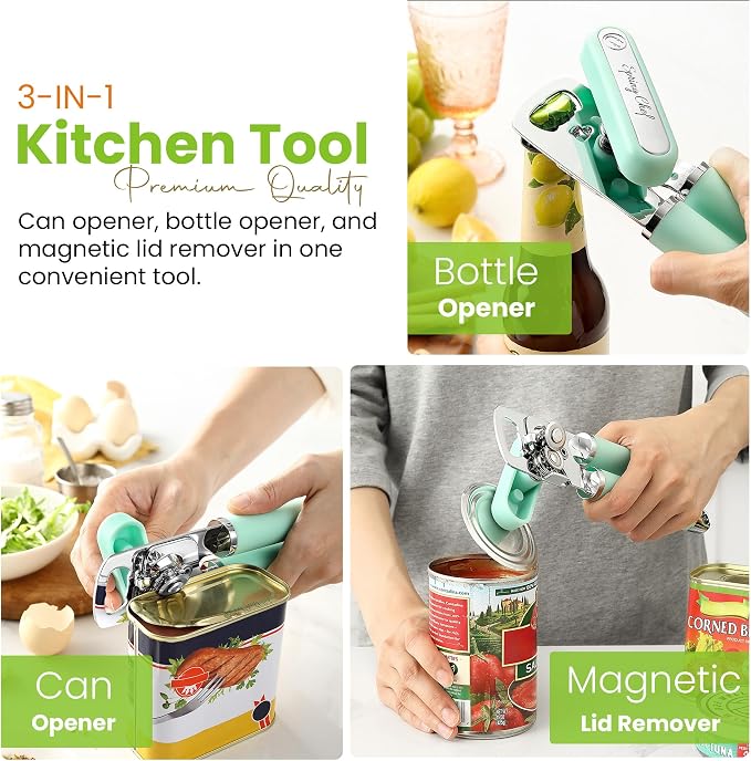 Spring Chef Stainless Steel Manual Can Opener with Soft Grip Handles, Mint | Heavy Duty Hand Can Opener for Seniors with Smooth Edge, Easy Turn, 3in1 Can Opener with Magnetic Lid Remover & Bottle Opener