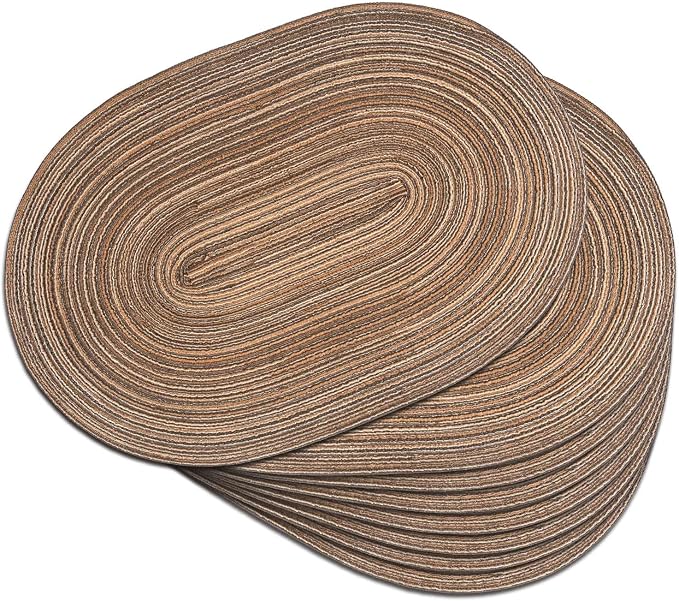 Placemats Set of 8, Woven Oval Braided Dining Table Mats(Brown) | 12 x 17.5 Inch Size Fits Plates and Flatware; Hand Washable and Heat Resistant for Kitchen Use, with Farmhouse and Boho Style