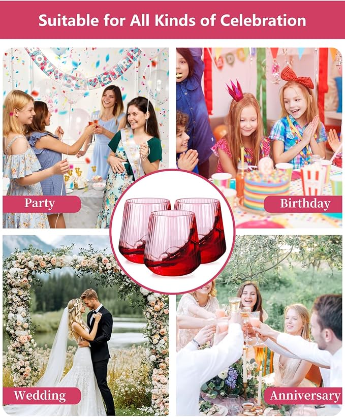 Ciaell 30 Pack Pink Plastic Wine Glasses for Weddings Parties | 12 oz Clear Pink Ribbed Origami Stemless Wine Cups, Heavy Duty Plastic, Champagne Wine Cocktails Whiskey for Baby Showers