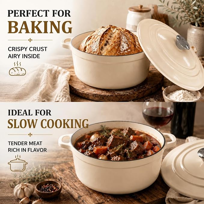 AHJ Enameled Cast Iron Dutch Oven Set - 4 Piece Cookware Set with Lids | 4.8Qt, 2.6Qt and 1.3Qt Dutch Ovens, Stackable Cast Iron Pots and Pans Sets for Bread Baking, Slow Cooking and Roasting, White