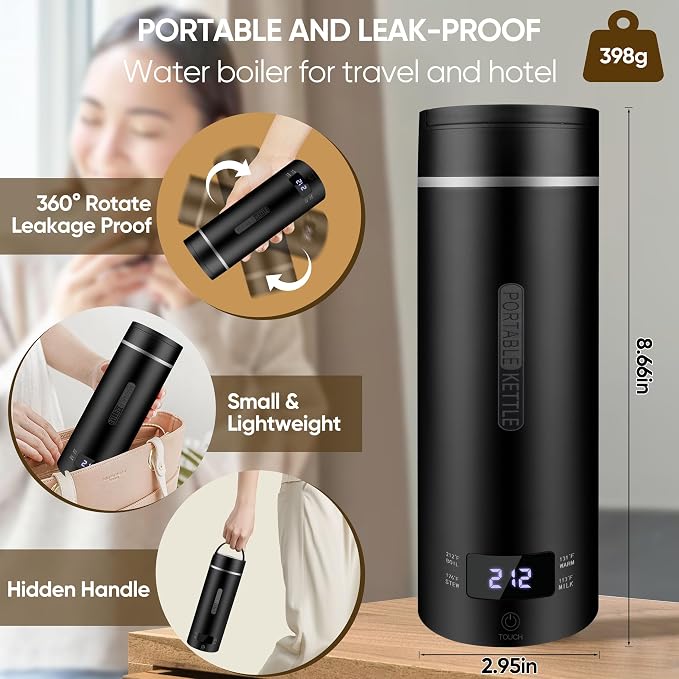 Travel Electric Tea Kettle Portable, 450ML, 316 Stainless Steel, 4 Temp | Small Hot Water Boiling Coffee Warmer Heater, Fast Boiler, Auto Shut-Off, Boil Dry Protection, LCD Display (Black)