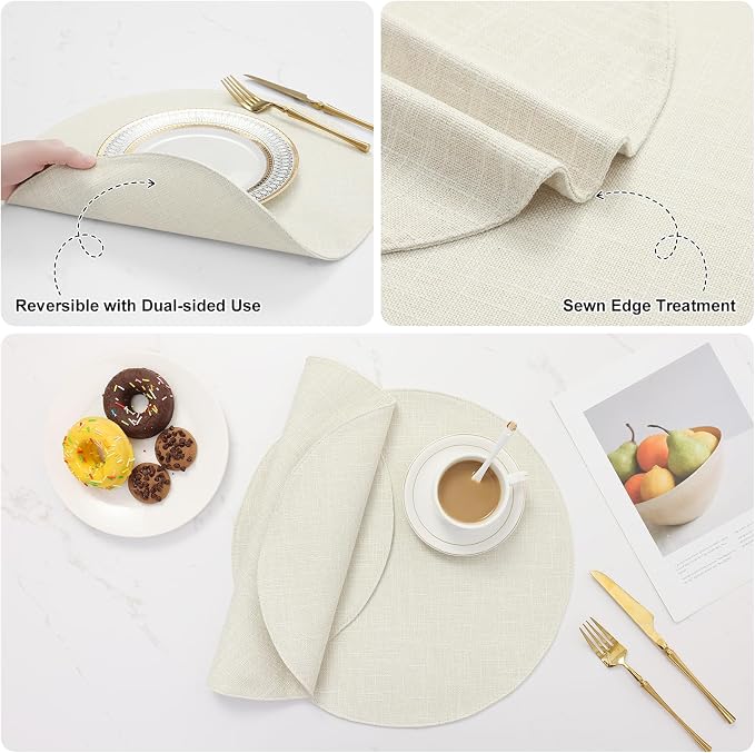 Cotton Linen 15 Inch Round Cloth Place mats, Set of 6, Cream | Washable Table Mats, Heat Resistant, Reversible, Wipeable Place Mats for Indoor Outdoor