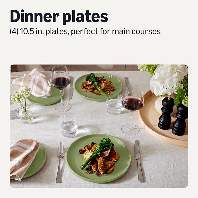 Amazon Basics Glazed Stoneware Dinner Plates, Ceramic 4-Piece Set, Microwave, Dishwasher and Freezer-Safe, 10.5 in., Olive