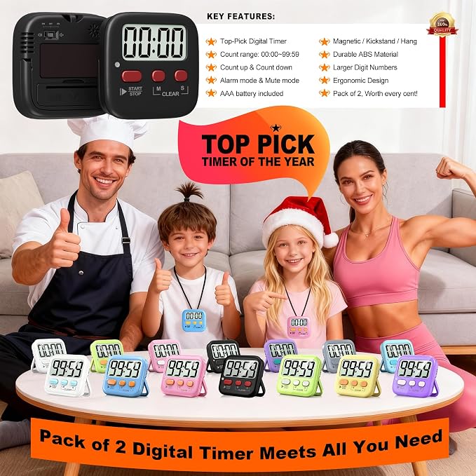 2 Pack Digital Timer for Kids Classroom Kitchen Timers for Cooking | w/ Battery, Easy to View, Alarm, Mute Mode, Count Down/Up, Magnetic, Kickstand, Hanging, Classroom Timer for Teacher Supplies